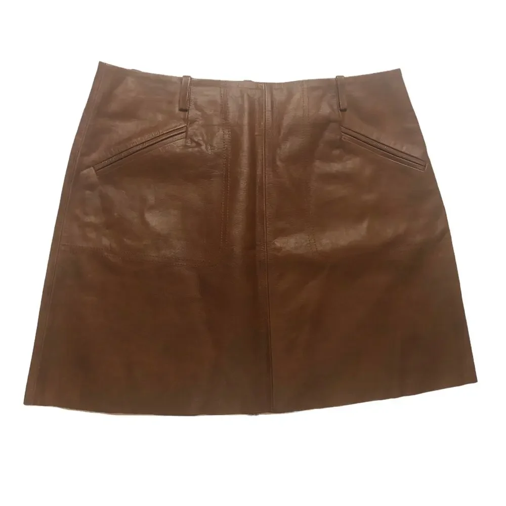 Joie Cognac Felicia Leather Mini Skirt - Size Medium